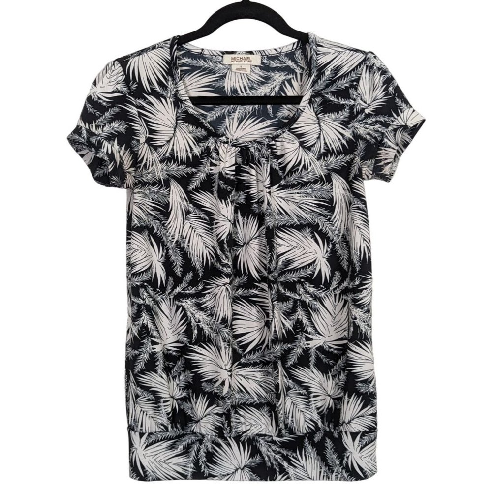 Michael Michael Kors cap sleeve black and white floral leaves print summer top S